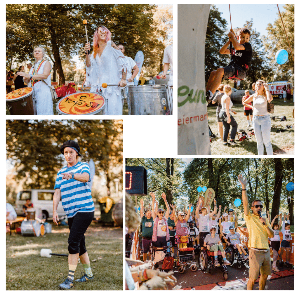 Eine Collage aus vier Fotos zeigt Szenen eines inklusiven Outdoor-Events. Oben links spielt eine Gruppe von Frauen fröhlich auf großen Trommeln im Park, umgeben von Bäumen und sommerlichem Licht. Oben rechts klettert ein Junge mit Klettergurt an einer mobilen Wand nach oben, während mehrere Menschen darunter zuschauen und unterstützen. Unten links balanciert ein Künstler mit gestreiftem Shirt und bunter Sockenkombination über die Wiese und wirkt, als würde er das Publikum spielerisch ansprechen. Unten rechts stehen Teilnehmende eines inklusiven Laufs an der Startlinie – Menschen mit und ohne Behinderungen, einige im Rollstuhl. Ein Moderator in einem gelben Shirt feuert sie an, während alle die Hände in die Luft strecken.