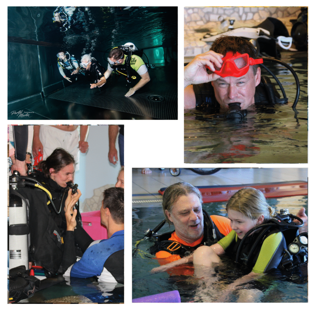 Eine Collage aus vier Fotos zeigt Menschen beim inklusiven Schnuppertauchen. Oben links begleiten zwei Taucher eine ältere Person mit Tauchausrüstung in einem Becken, während sie gemeinsam unter Wasser üben. Oben rechts taucht ein Mann in einem Schwimmbecken auf und hebt seine rote Tauchmaske leicht an, während er ins Wasser lächelt. Unten links bekommt eine Frau im Rollstuhl Unterstützung beim Anlegen ihrer Tauchausrüstung; mehrere Helfer stehen dicht bei ihr und unterstützen sie behutsam. Unten rechts sitzt ein Mädchen in kompletter Tauchausrüstung im Wasser und wird von einem Tauchlehrer gehalten, beide wirken entspannt und lachen.
